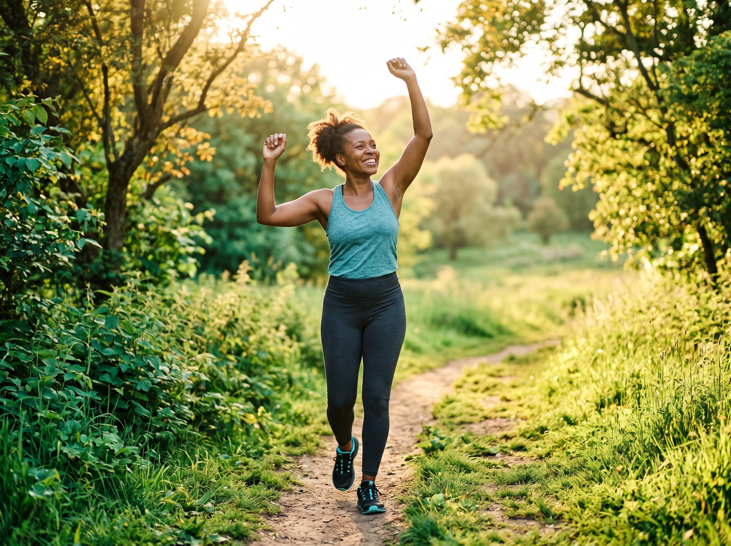 Woman stretching outdoors in golden morning light, full of energy